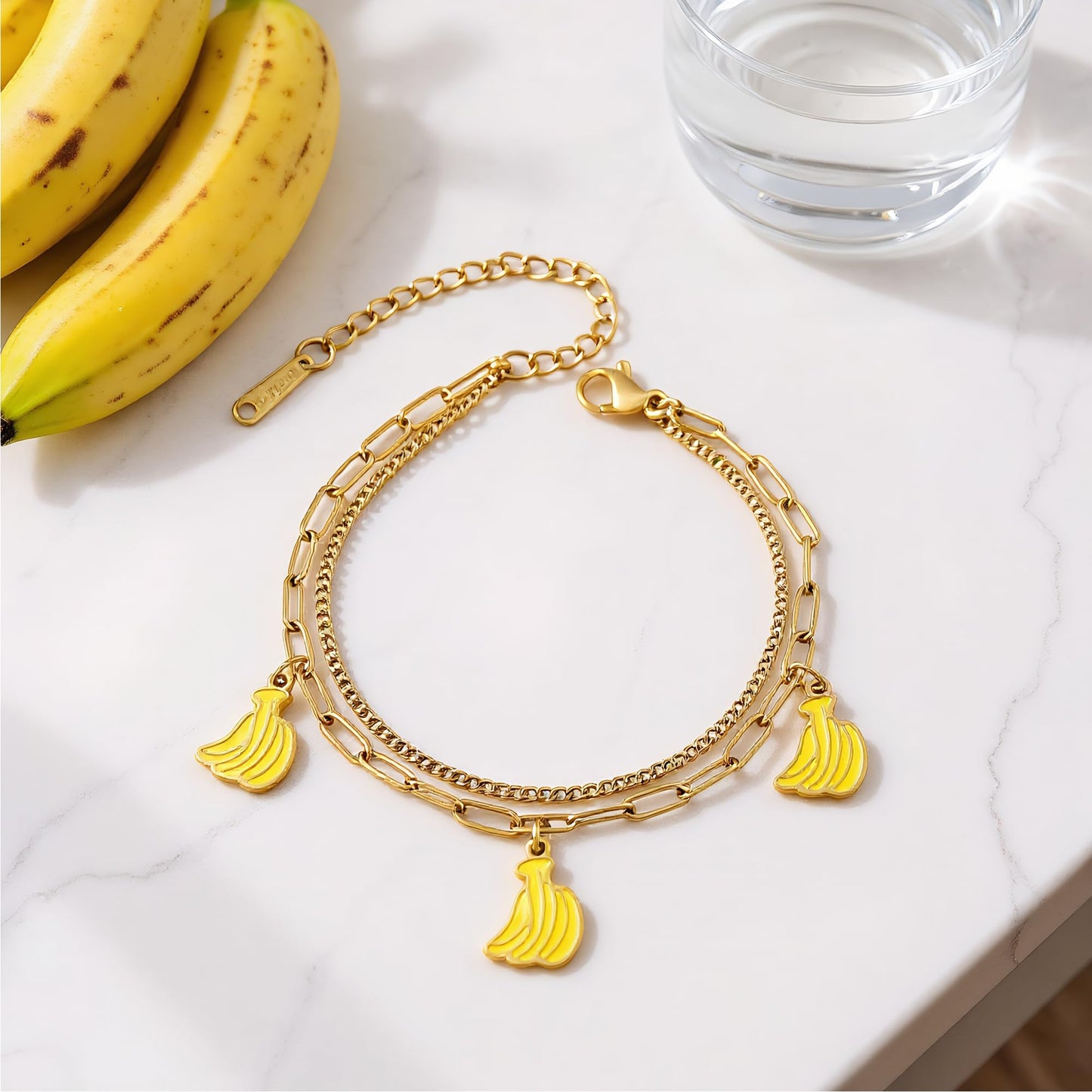 LCTrusttmor Gahna Banana Bracelets for Women, 18K Gold Plated Banana Fruit Charms with Adjustable Layered Chain Link for Women Summer Jewelry Gifts