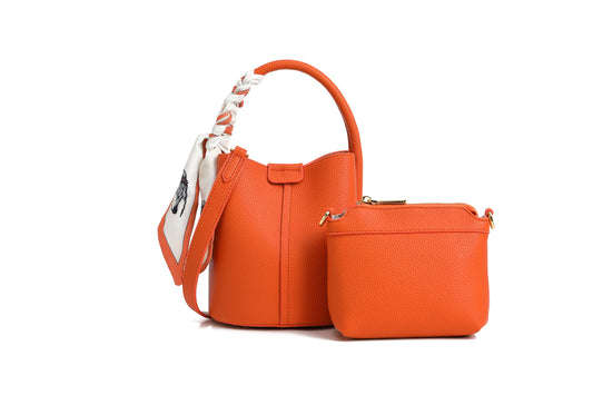 Women's small crossbody bag made of synthetic leather, mini bucket style shoulder bag with scarf, detachable shoulder strap (orange)