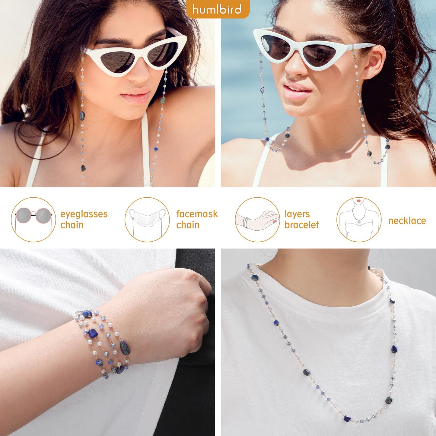 humlbird Glasses Chain for Women Stylish Glasses Necklace Sunglasses Chain Mask Lanyard Natural Crystal Mask Chain Eye Glasses Holder Strap Dark Blue