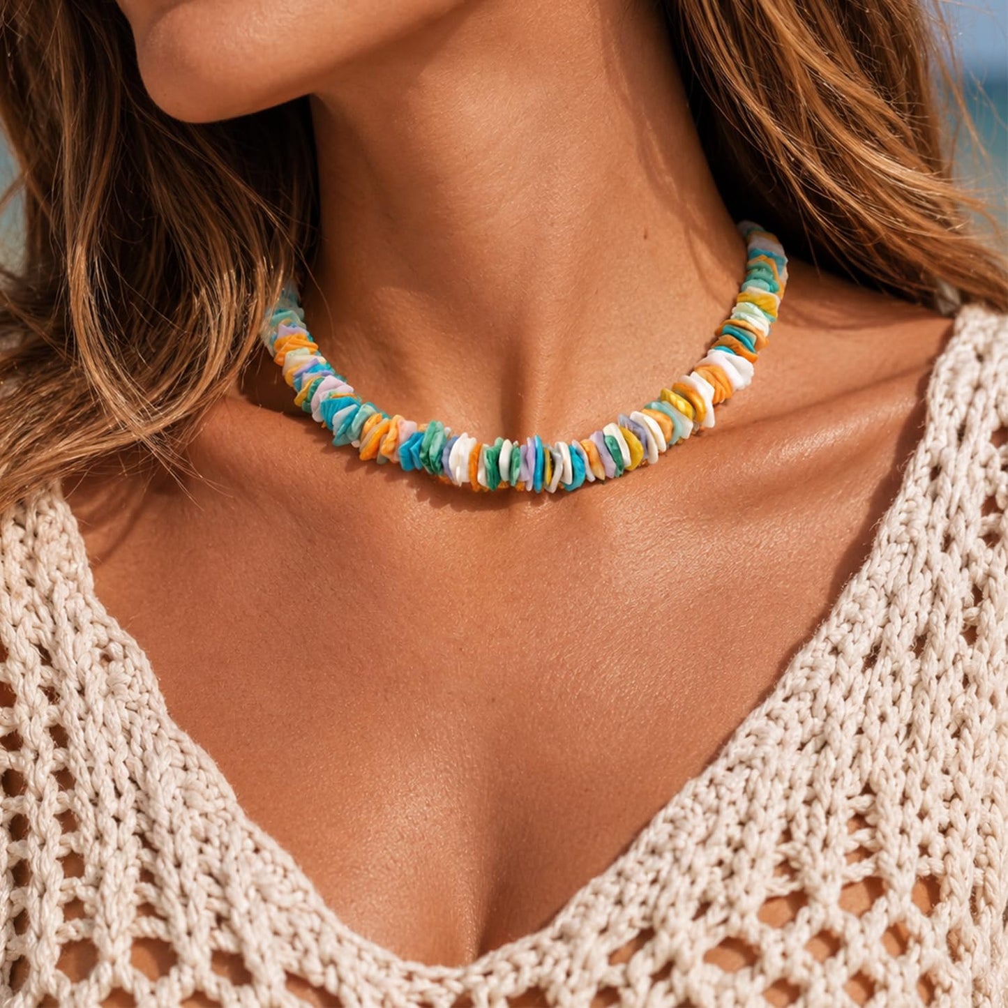 Lameybrt Cowrie Shell Surfer Necklaces, Hawaiian Beach Handmade Choker Set for Women, White Rice Bead with Black Accents, Bohemian Summer Seashell Choker 2 Piece Set, Perfect for Summer Beach Vacation, Birthday, Mother’s Day & Holiday Gifts (Puka 03 Rianb