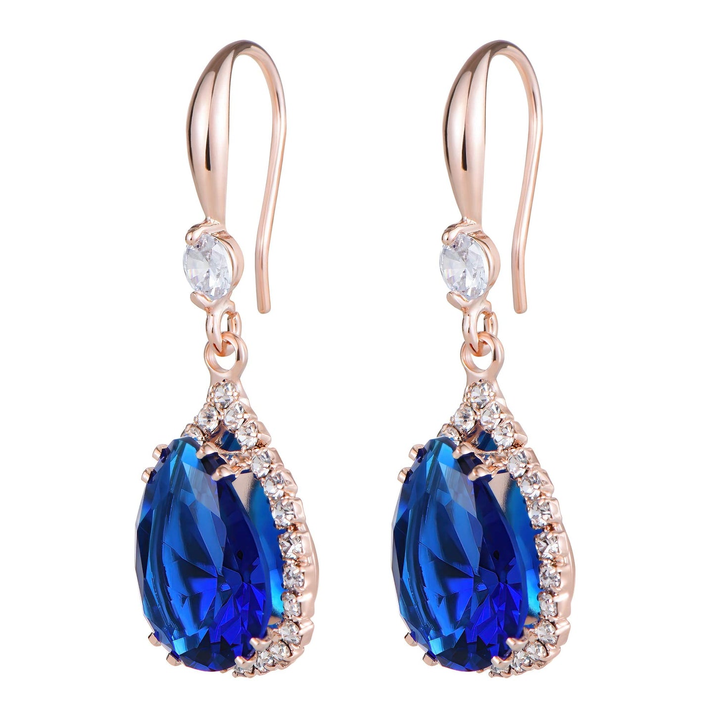 Linawe Sapphire Blue Earrings for Women Rose Gold, Imitation Diamond Drop Dangle Earrings, Chandelier Rhinestone Cubic Zirconia Crystal Teardrop Earrings, Wedding Jewelry Set