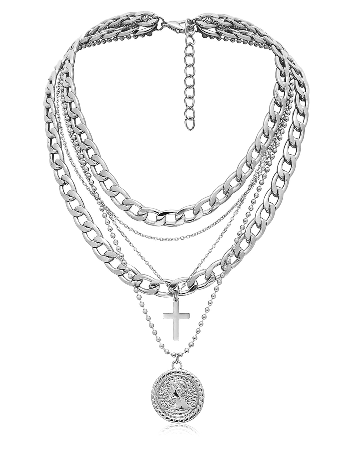 MJartoria Gold Layered Necklaces for Women Trendy Retro Coin Pendant Necklace Dainty Chunky Chain Choker Necklaces for Jewelry Birthday Gifts (Silver, A-Y-Retro Coin-Cross-5 in 1 Layered)