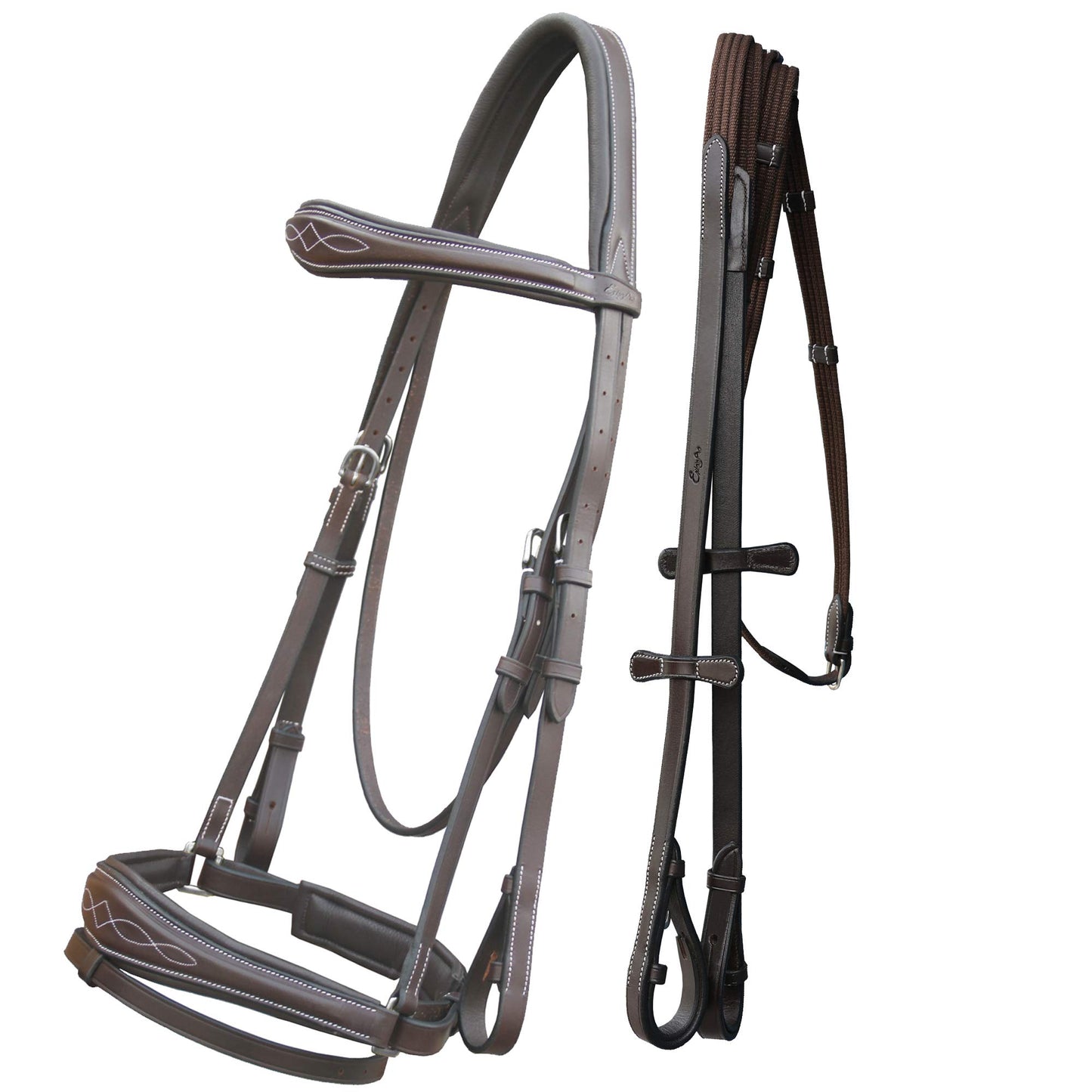 Exion Horse Dressage Bridle with Soft Padded Anatomical Crank Noseband & Reins | Fancy Square Raised Browband | Comfort Crownpiece | Premium Vegetable Tanned Leather