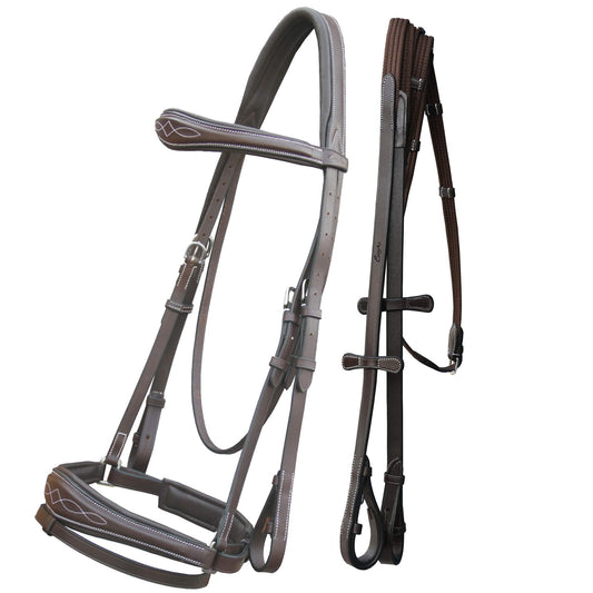 Exion Horse Dressage Bridle with Soft Padded Anatomical Crank Noseband & Reins | Fancy Square Raised Browband | Comfort Crownpiece | Premium Vegetable Tanned Leather