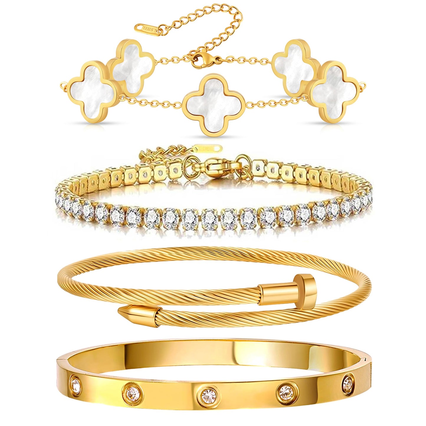 Gold Bracelets for Women, 18K Gold Plated Women Tennis Bracelets Clover Nail Love Bangle Bracelet Set, Gold Bracelet Stackable Set Trendy Jewelry, Gifts for Women's Day and Mother's Day (09-Color- 4 White)