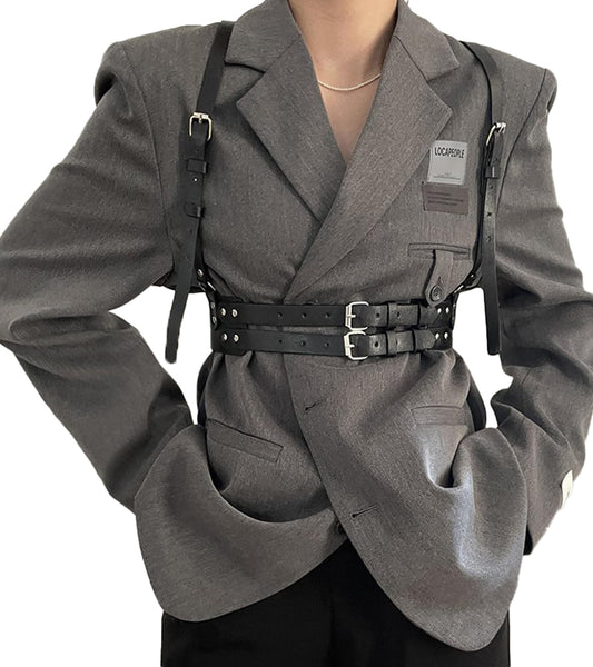 WARANDOD Leather Harness for Women Fashion Goth Chest Faux Black Harness Top Elastic Body Punk Wide Belt Adjustable Waist Belts Rave Cosplay Halloween Accessories (Fit Waist 28.0-38.2in)
