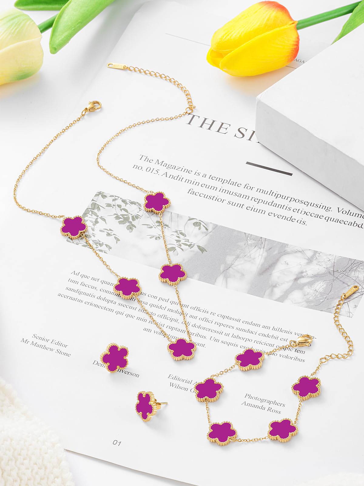Qinpan Five Leaf Clover Necklace Bracelet and Stud Earrings Set for Women Lucky Flower Jewelry (Purple-14K Gold Plated)