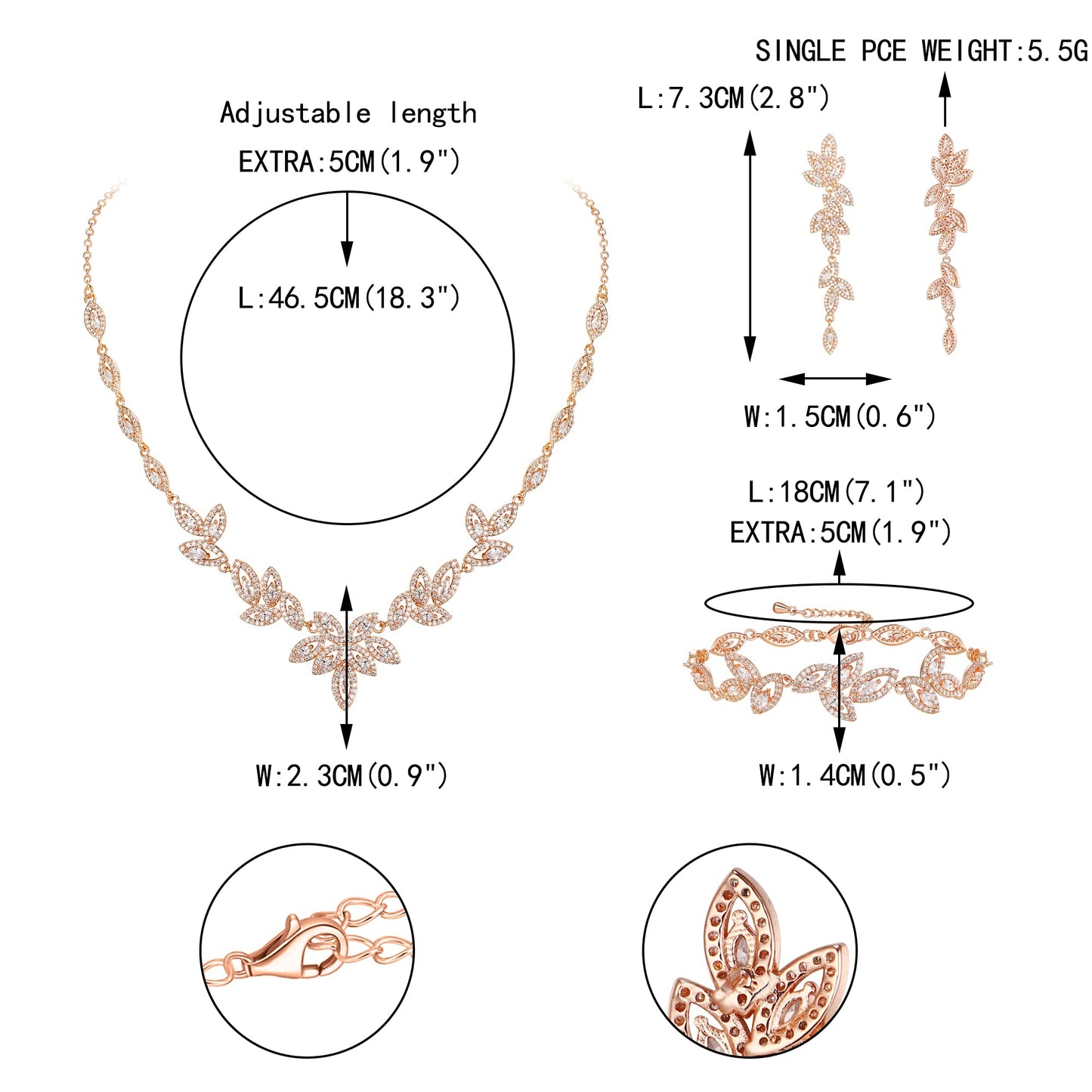 EVER FAITH Cubic Zirconia Bridal Jewelry Set for Bride Bridesmaid, Elegant Marquise Leaf Necklace Dangle Earrings Bracelet Sets for Woman Clear Rose Gold-Plated-Brass