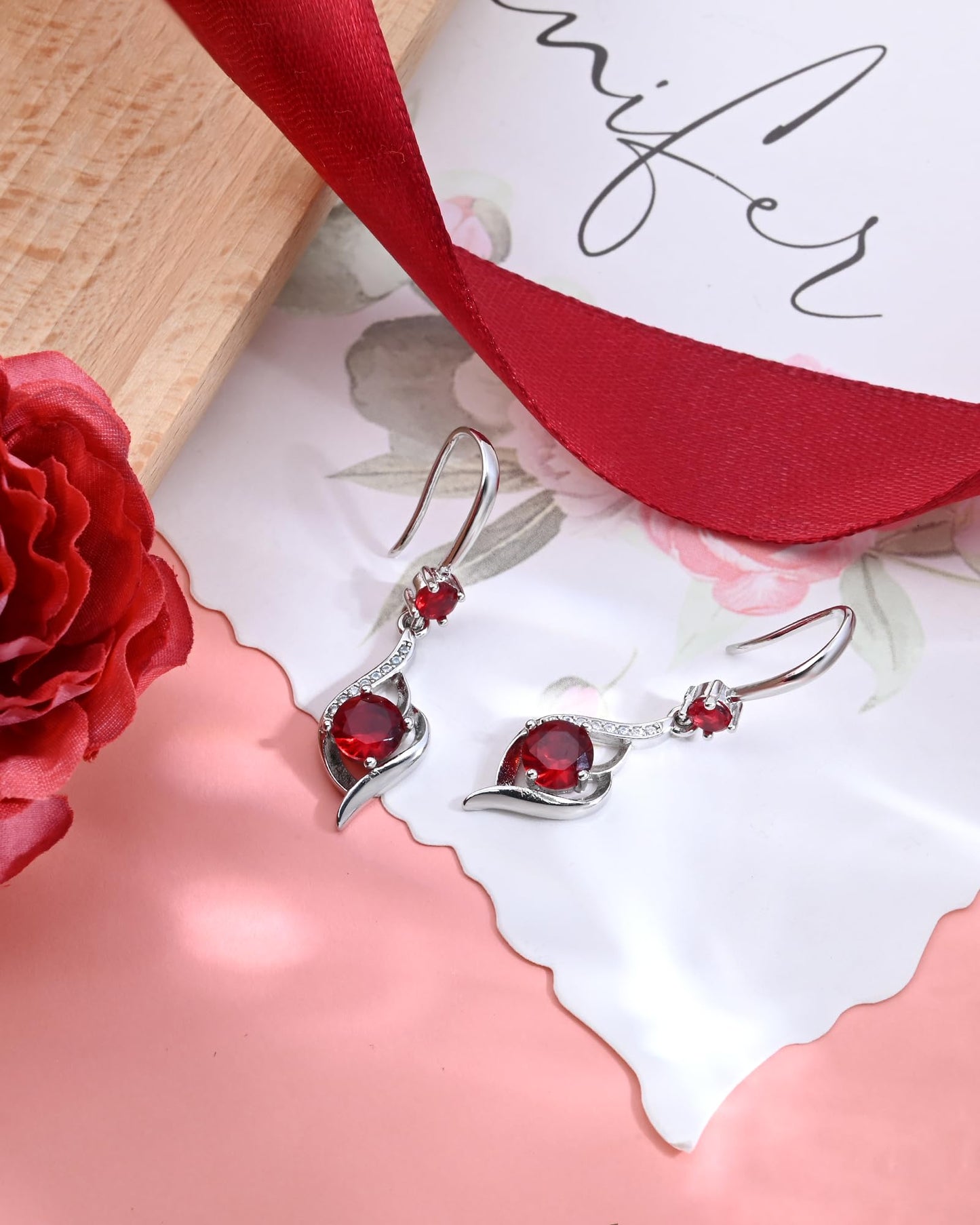 Heart Ruby Drop Dangle Earrings-925 Sterling Silver with Red Crystals-Long Birthstone Jewellery for Women