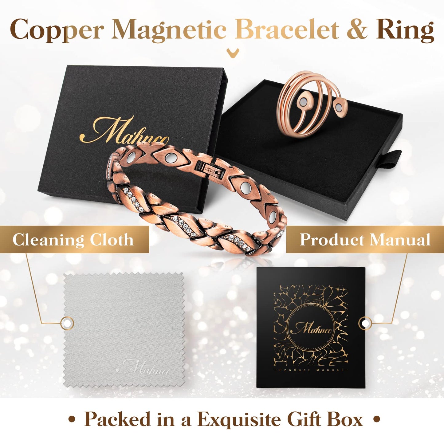 Copper Bracelets for Women, Magnetic Bracelets for Women & Heart-Shaped Lymphatic Drainage Ring with 3500 Gauss Magnet Classic Crystal Design Jewelry Gift