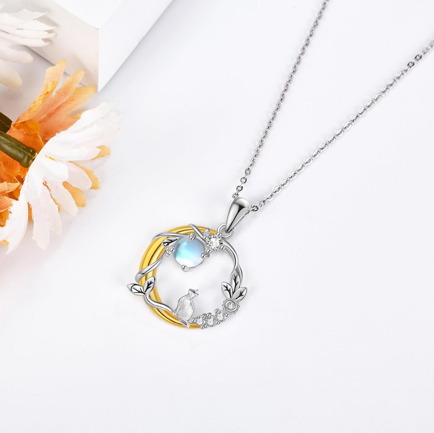 YAFEINI Cat Necklace 925 Sterling Silver Moonstone Moon and Cat Pendant Christmas Mother's Day Jewelry for Women Mom