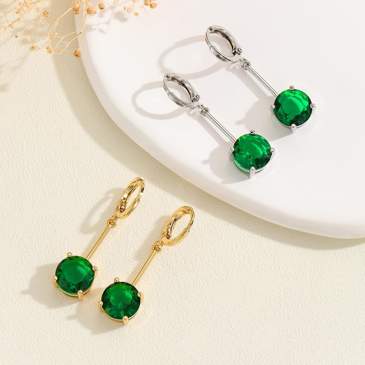 VONSSY Gemstone Drop Dangle Earrings | Platinum /Gold Plated Leverback Crystal Cubic Zirconia Hanging Red /Pink/Blue Earrings (Green-Platinum)