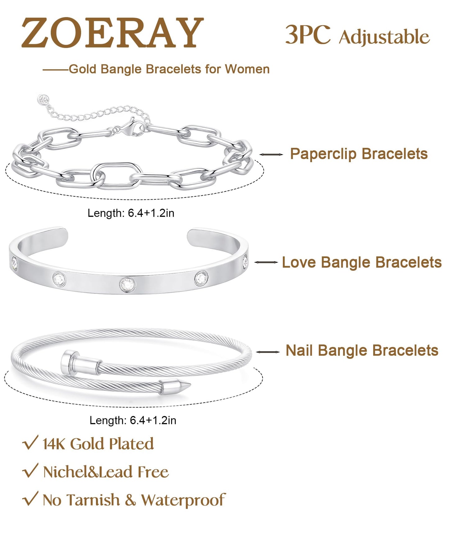 ZOERAY Silver Gold Bangle Bracelets for Women Non Tarnish 14k Gold Plated Stackable Cuff Bracelets for Women Trendy Cubic Zirconia Stainless Steel Chunky Bracelet Stack Set Waterproof Jewelry Gifts
