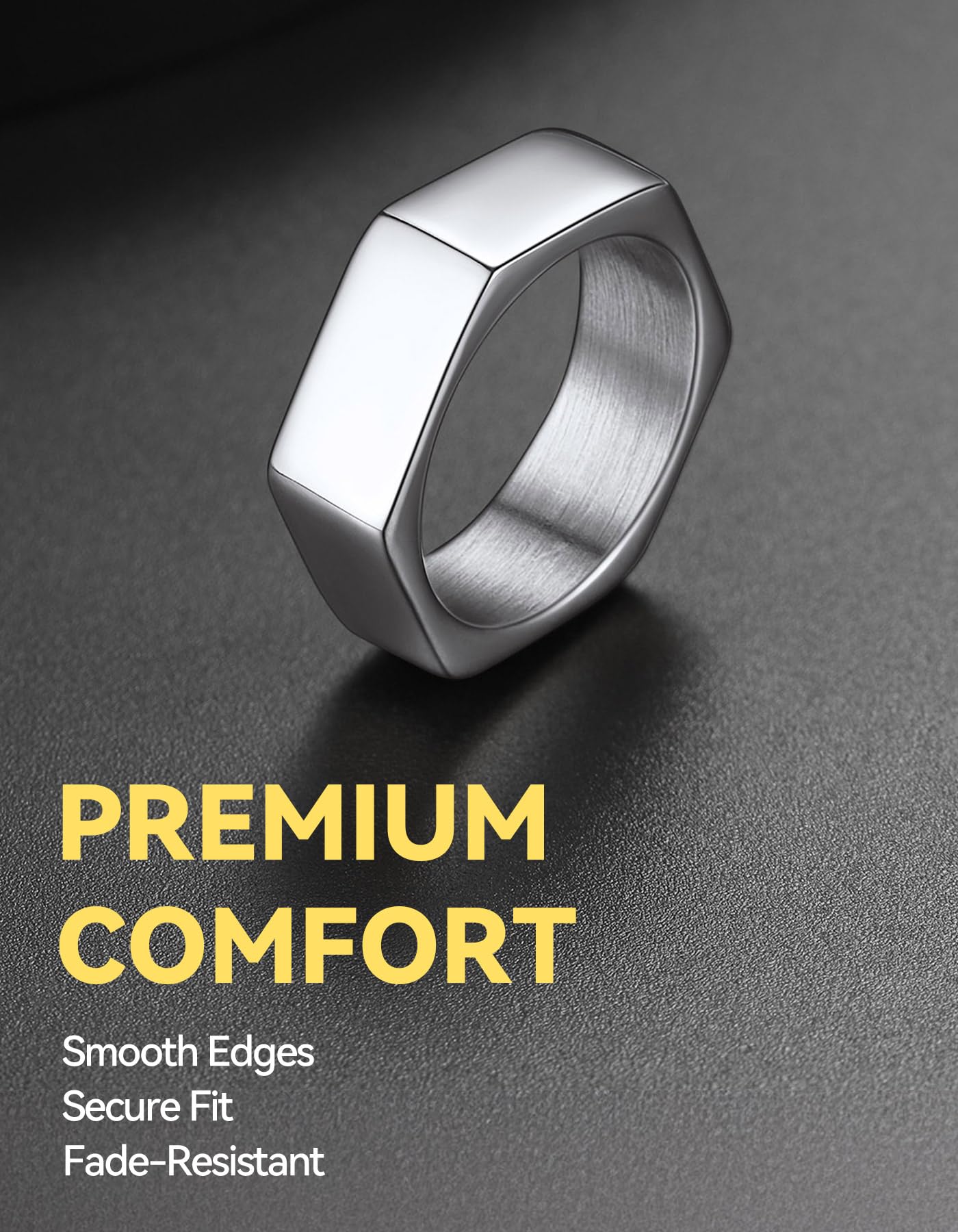 ChainsHouse Men's Punk Stainless Steel Gothic Screw Edge Hexagon Geometric Biker Ring Bands, Size 7