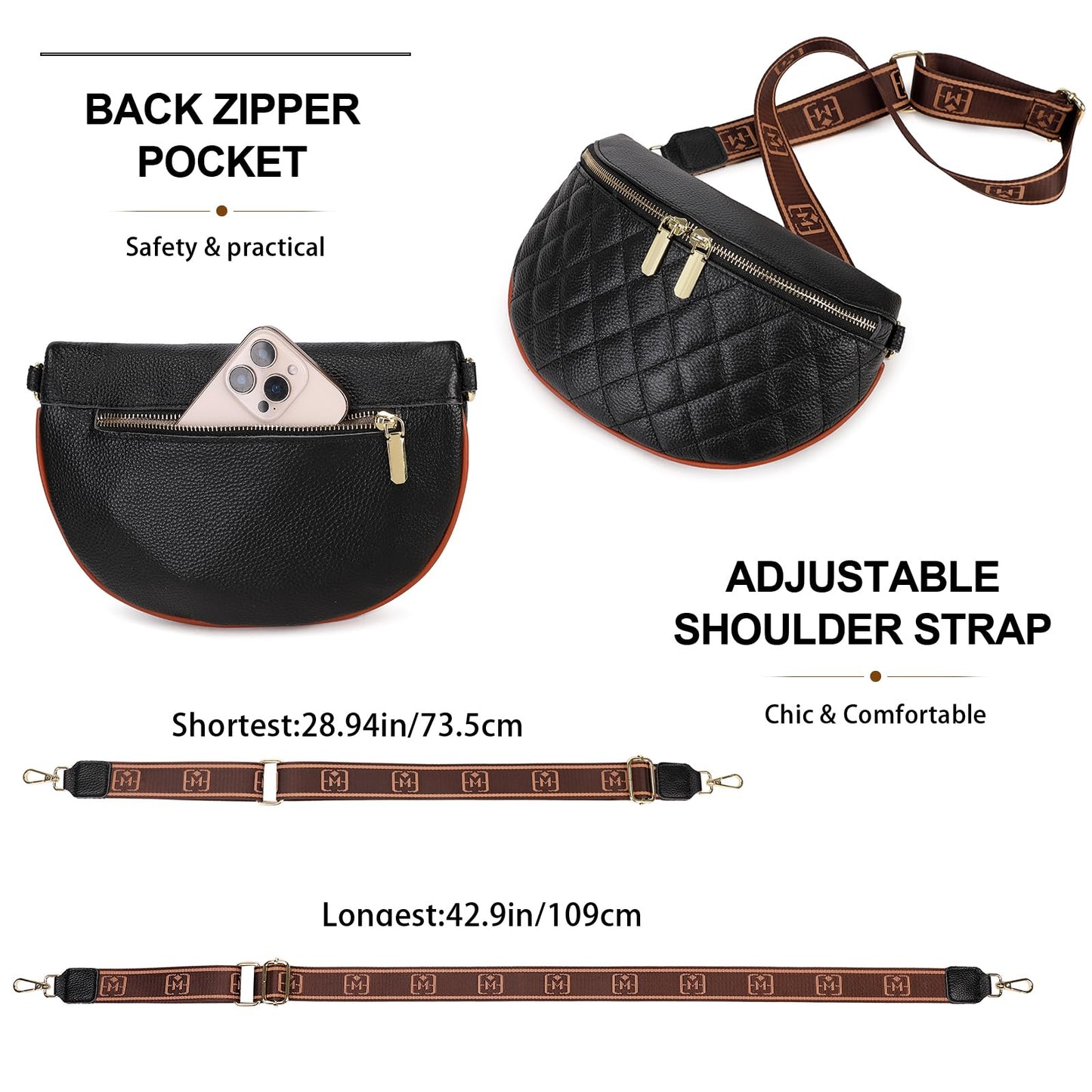 Eslcorri Fashion Waist Packs for Women - Quilted Vegan Fanny Packs Leather Waist Purse Anti Theft Crossbody Belt Bag for Sports Workout Traveling Running Casual - Black