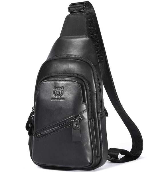 Leather Sling Bag for Men Crossbody Backpack with USB Charging Port Casual Daypack for Hiking Shoulder & Chest Bag Purse (Black)