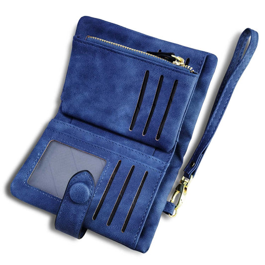 AOXONEL Women's Small Bifold Leather wallet Rfid blocking Ladies Wristlet with Card holder id window Coin Purse (Blue)