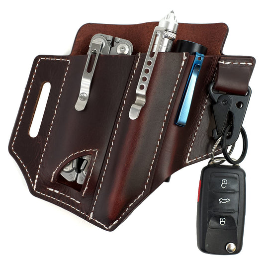 Multitool Sheath for Belt (Premium Leather) - EDC Pocket Organizer | Leatherman Holster | Handmade Leather Multitool Pouch and Pen Holder, Flashlight Sheath, Key Fob Clip by ATQANA® (Extra Dark Brown)