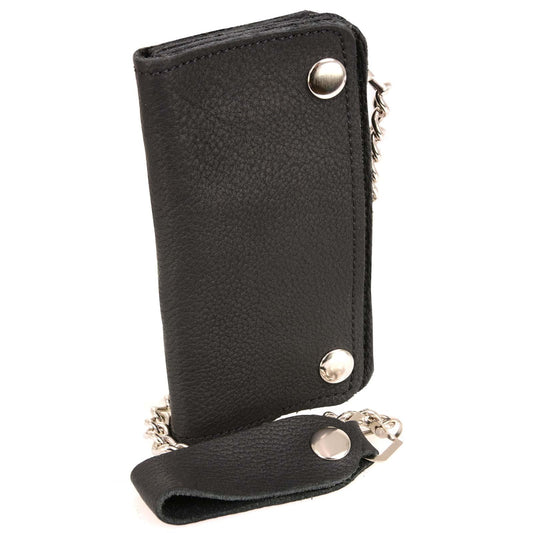 Milwaukee Leather MLW7883 Men's 6” Black Premium Leather Soft Biker Wallet - Bi-Fold Anti-Theft Stainless Steel Chain - One Size