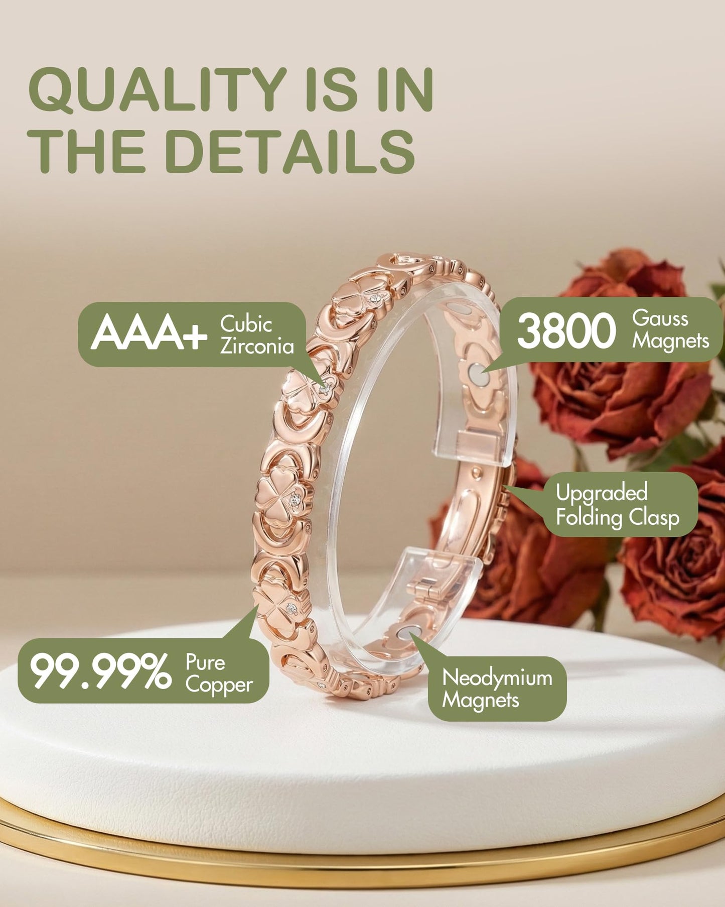 Feraco Pure Copper Bracelets for Women, Ultra Strength Magnetic Bracelet for Women with 3800 Gauss Magnet & Sparkling Cubic Zirconia, Flower Jewelry Gift, Infinite Symbol (Rose Gold)