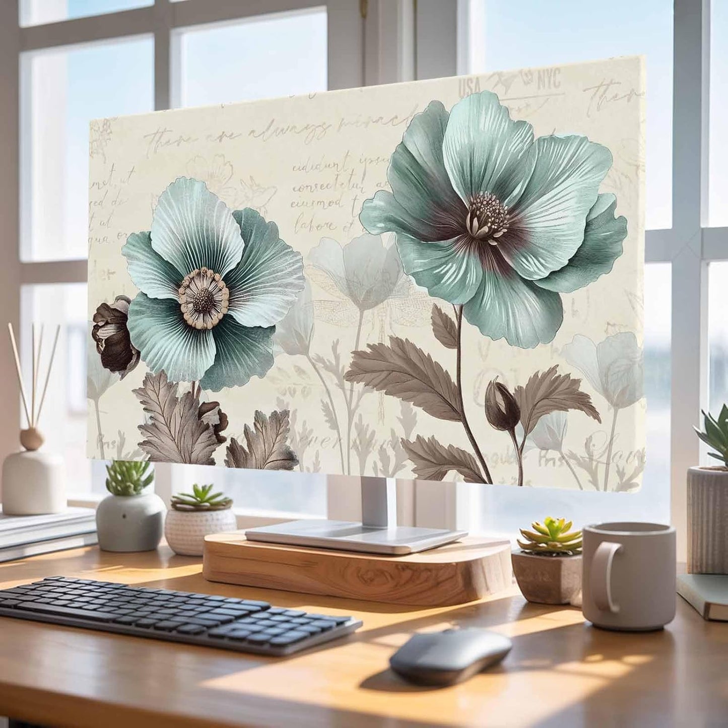 Yukro 65 Inch, 57"x32" Victorian Style Indoor TV Dust Cover, Vintage Blue Flowers Broccoli Elastic TV Dustproof Cover