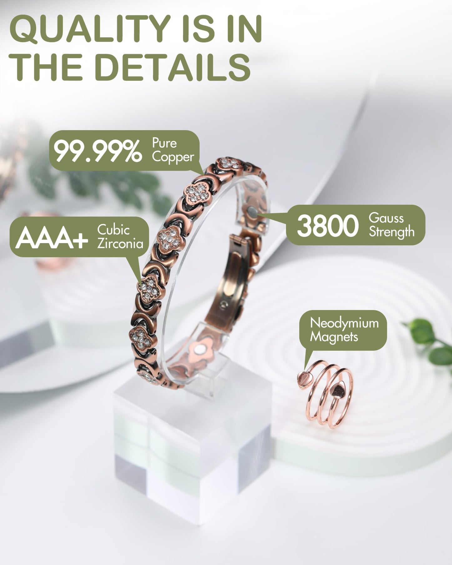 Feraco Pure Copper Bracelets & Rings for Women, Ultra Strength Magnetic Bracelet for Women with Neodymium Magnets & Sparkling Cubic Zirconia, Adjustable, Wellness Jewelry