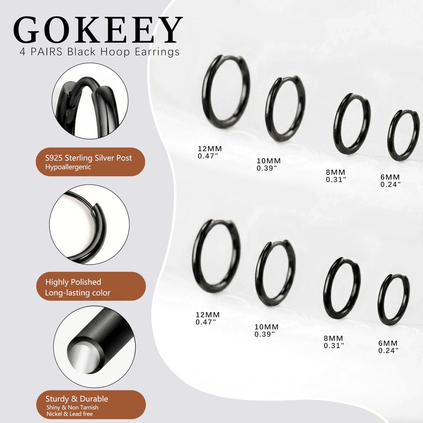 Gokeey Small Gold Huggie Hoop Earrings Set for Women 14K Real Gold Plated Hypoallergenic Lightweight Earrings for Sensitive Ears Everyday Earrings for Cartilage Piercings (10mm/10mm/10mm/10mm, Black)