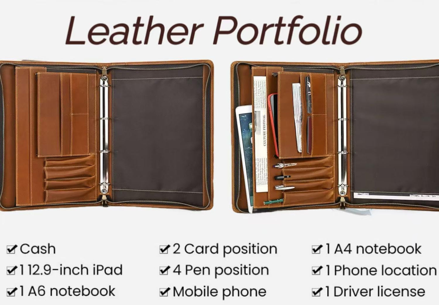 UPRESYE Zippered Padfolio Organizer, Leather Planner Binder, 12.9 Inch Portfolio Folder for Documents, Letter Size Business Card Tablet Document Holder for Men&Women, Brown