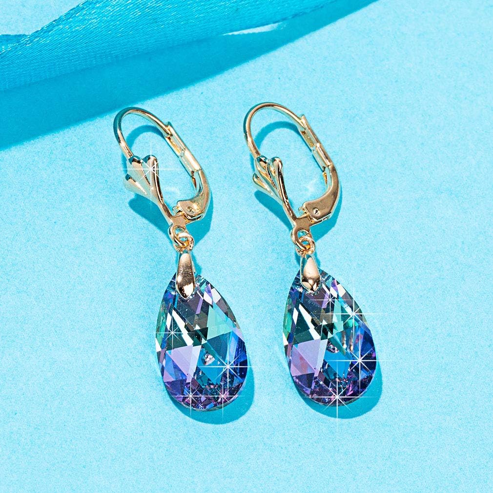 Austrian Crystal Teardrop Leverback Dangle Earrings for Women Fashion 14K Gold Plated Hypoallergenic Jewelry (Vitrail Light)
