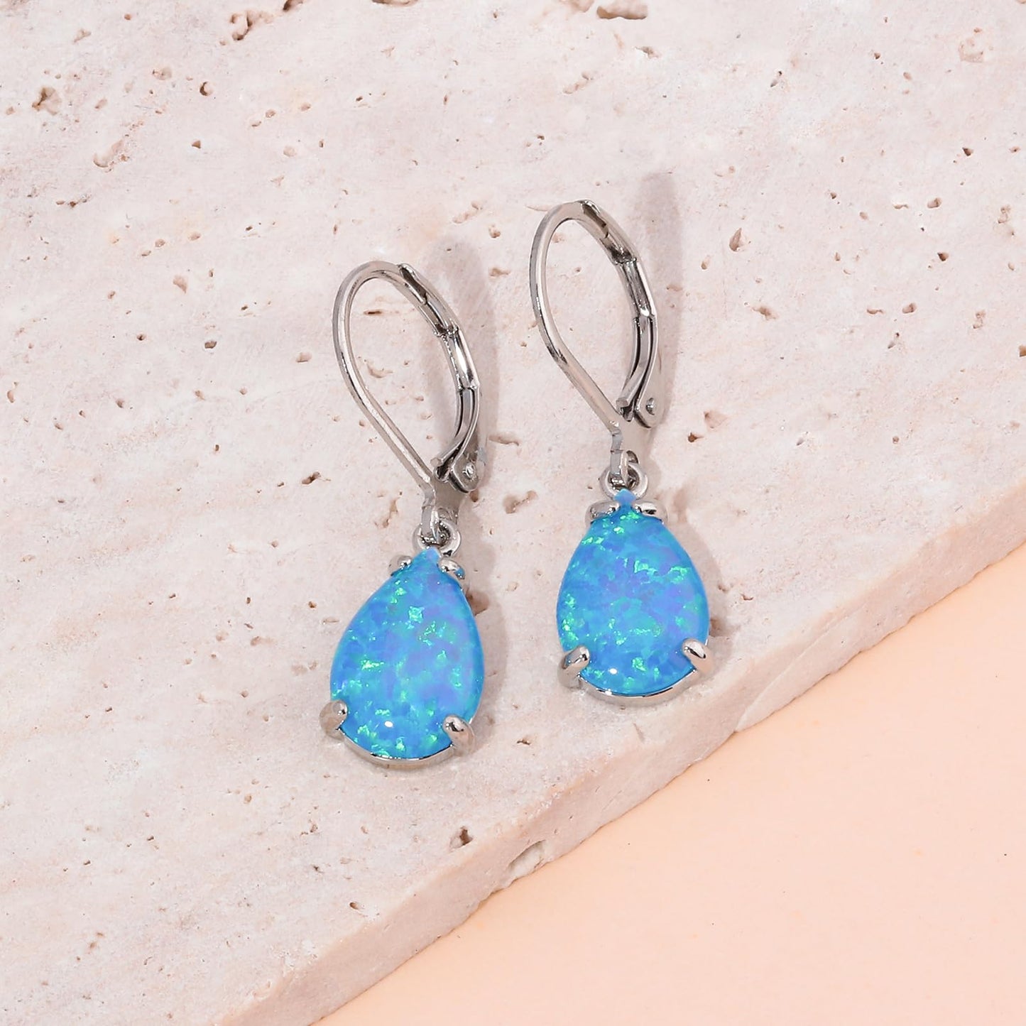 CiNily Teardrop Leverback Dangle Earrings for Women Hypoallergenic Blue Opal Pendant Drop Earrings 14K White Gold Plated Hanging Lever Earrings Fashion Graduation Jewelry Gifts