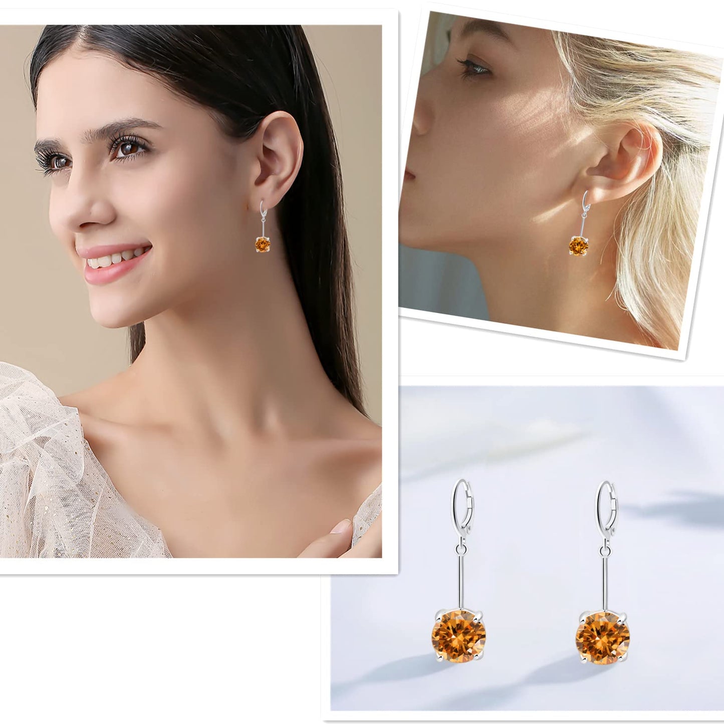 VONSSY Gemstone Drop Dangle Earrings | Platinum /Gold Plated Leverback Crystal Cubic Zirconia Hanging Red /Pink/Blue Earrings (Champagne-Platinum)