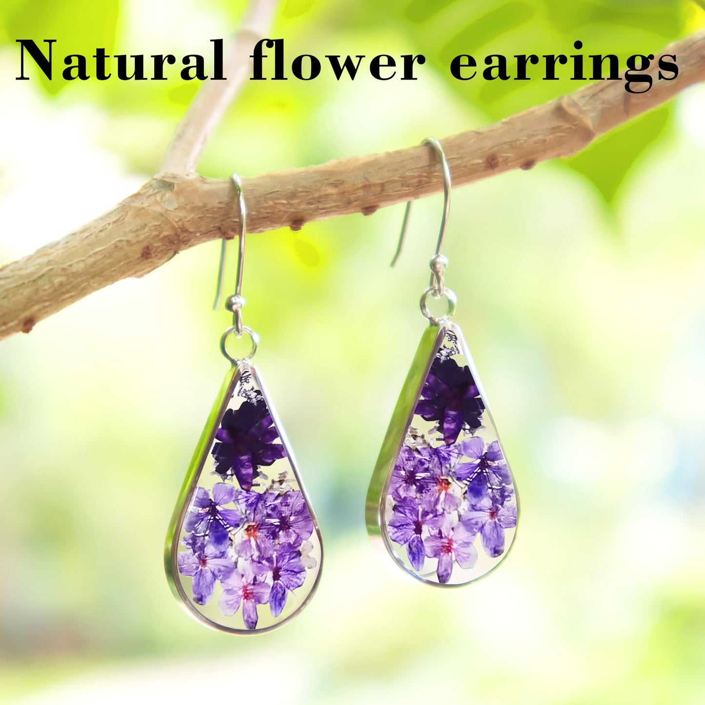 925 Sterling Silver Pressed Flower Teardrop Earrings,Hypoallergenic Women's Jewelry Gift for Mom,Handmade natural dried flower teardrop earrings Jewelry Gift for women