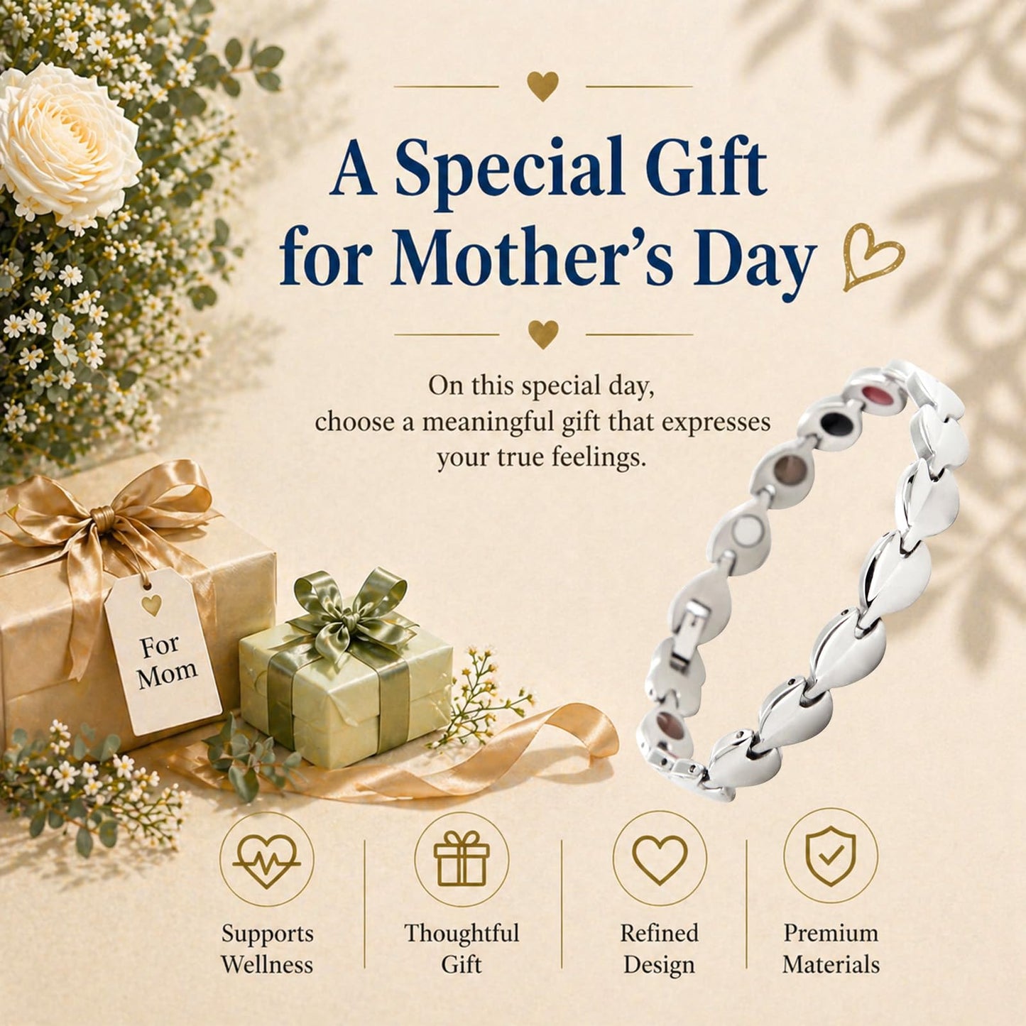 KYOSI Magnetic Bracelets for Women Stainless Steel Womens Magnet Bracelet Leaf Shape Fashion Christmas Gift (Silver, 7.87 inches)