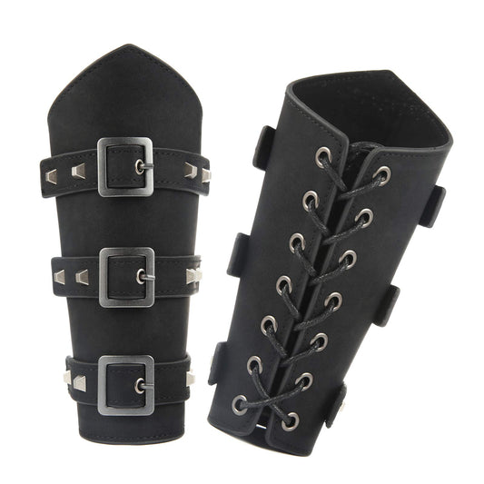 HZMAN Adults Faux Leather Arm Guards - Medieval Belt Buckle Bracers - One Size - Leather Armband Pair (Black)