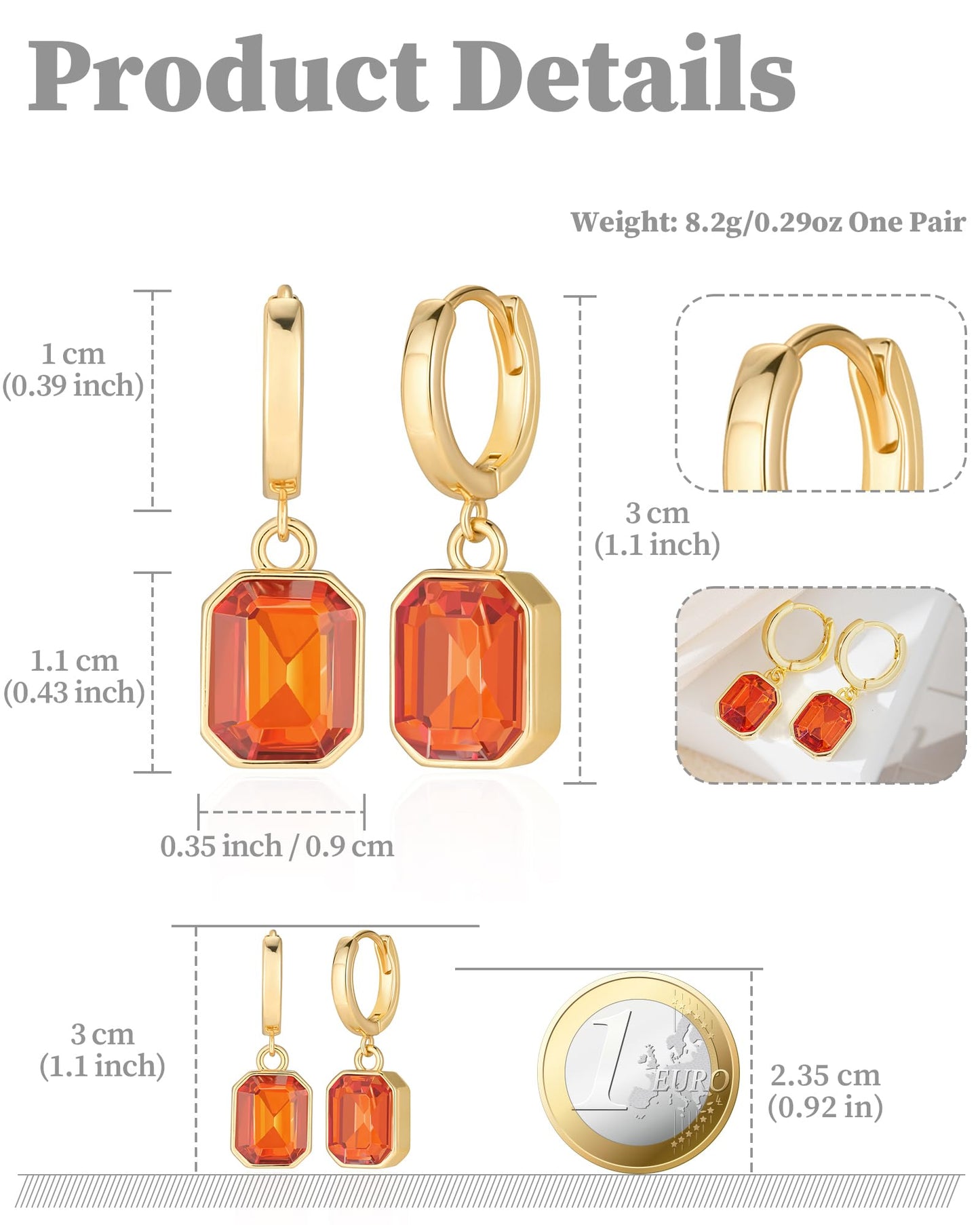 Birthstone Crystal Dangle Drop Earrings, 18K Gold Plated Huggie Hoop Hypoallergenic Earring Jewelry Gifts for Women (Orange)