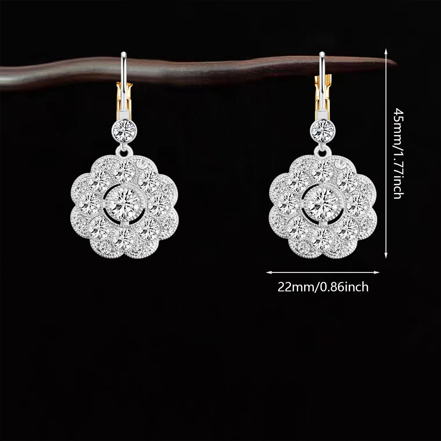 JNONL Vintage Silver Sparkly Crystal Camellia Flower Leverback Earrings Rhinestone Snowflake Round Dangle Drop Earrings for Women (Silver 4)