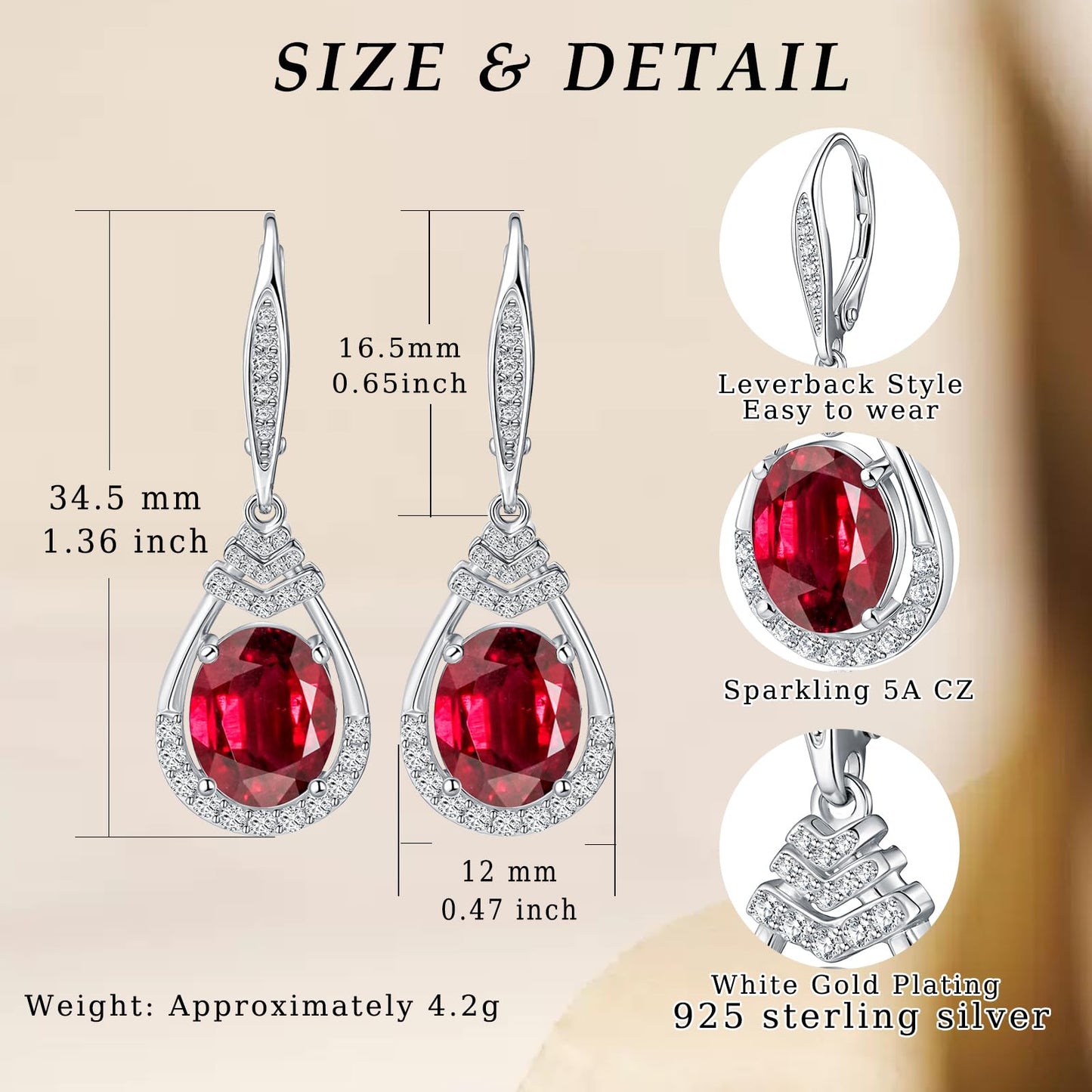 Red Garnet Dangle Earrings January Birthstone Sterling Silver Teardrop Leverback Drop Earring for Women Wedding Jewelry for the Bride Oval Cut CZ Earrings Anniversary Birthday Gifts for Wife Mom ﻿