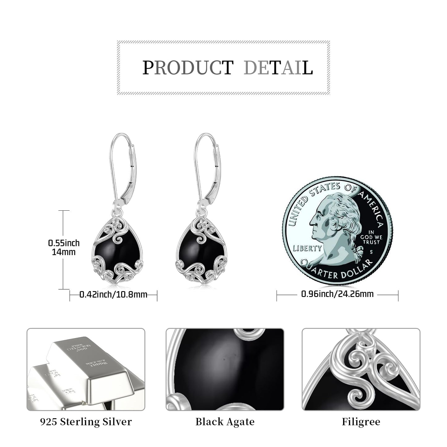 KoyeKei Black Onyx Filigree Leverback Earrings for Women 925 Sterling Silver Black Onyx Teardrop Dangle Drop Earrings Jewelry Filigree Anniversary Graduation Gifts for Sister Her Lover