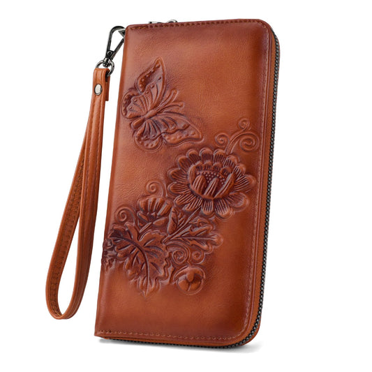 VIMUTI Womens Wallets Rfid Blocking Clutch Long Wallet for Women,Large Capacity Ladies Wallets with Card Slots and Phone Holder Embossed Flower Leather Travel Purse Wristlet Brown