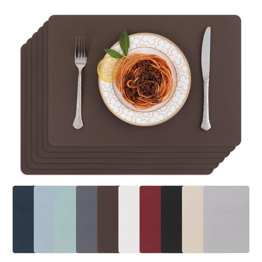 SHACOS Placemats Set of 6 Faux Leather Waterproof Leakproof Wipeable PU Non-Slip Vinyl Place Mats Heat Resistant Table Mats for Kitchen Dining Table Indoor Outdoor, Chocolate Brown