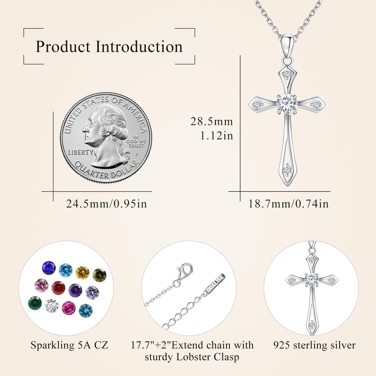 Dainty Cross Birthstone Necklace for Women,Sterling Silver Simulated Diamond April Birthstone Pendant,First Communion Faith Jewelry Religious Gifts on Birthday Mother's Day for Her/Wife/Mom/Sister