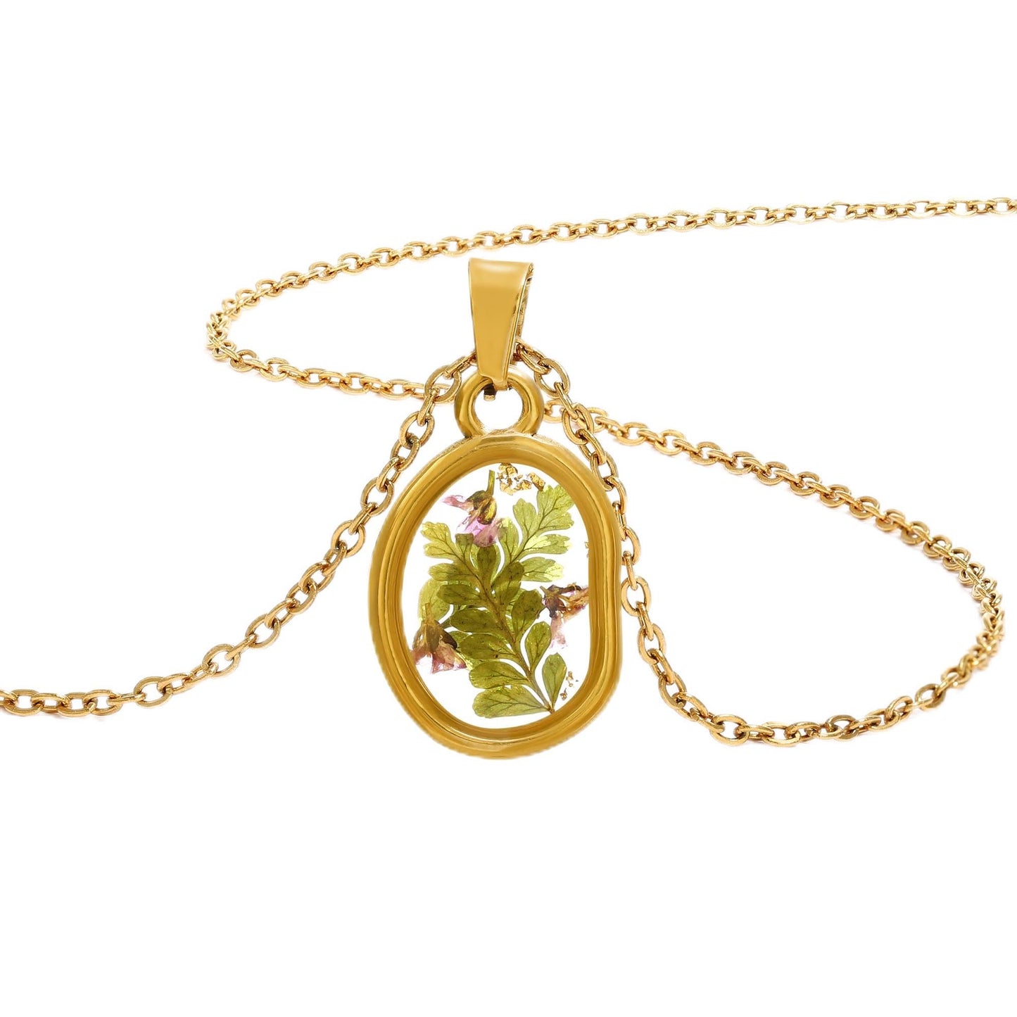LETFLY Birth Flower Necklaces for Women, 18K Gold Plated Oval Shaped Handmade Floral Pendant, Pressed Flower Necklace Jewelry Gifts Harmony