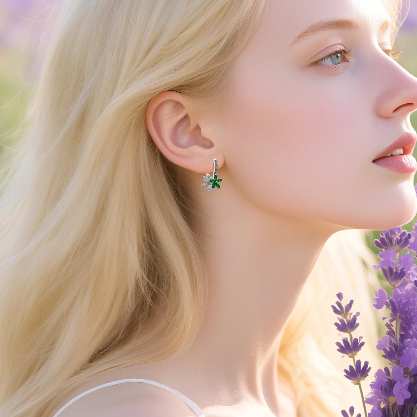 Watforsh 925 Sterling Silver Flower Earrings for Women Dangling Leverback Earrings with Emerald and White Crystal Double Floral