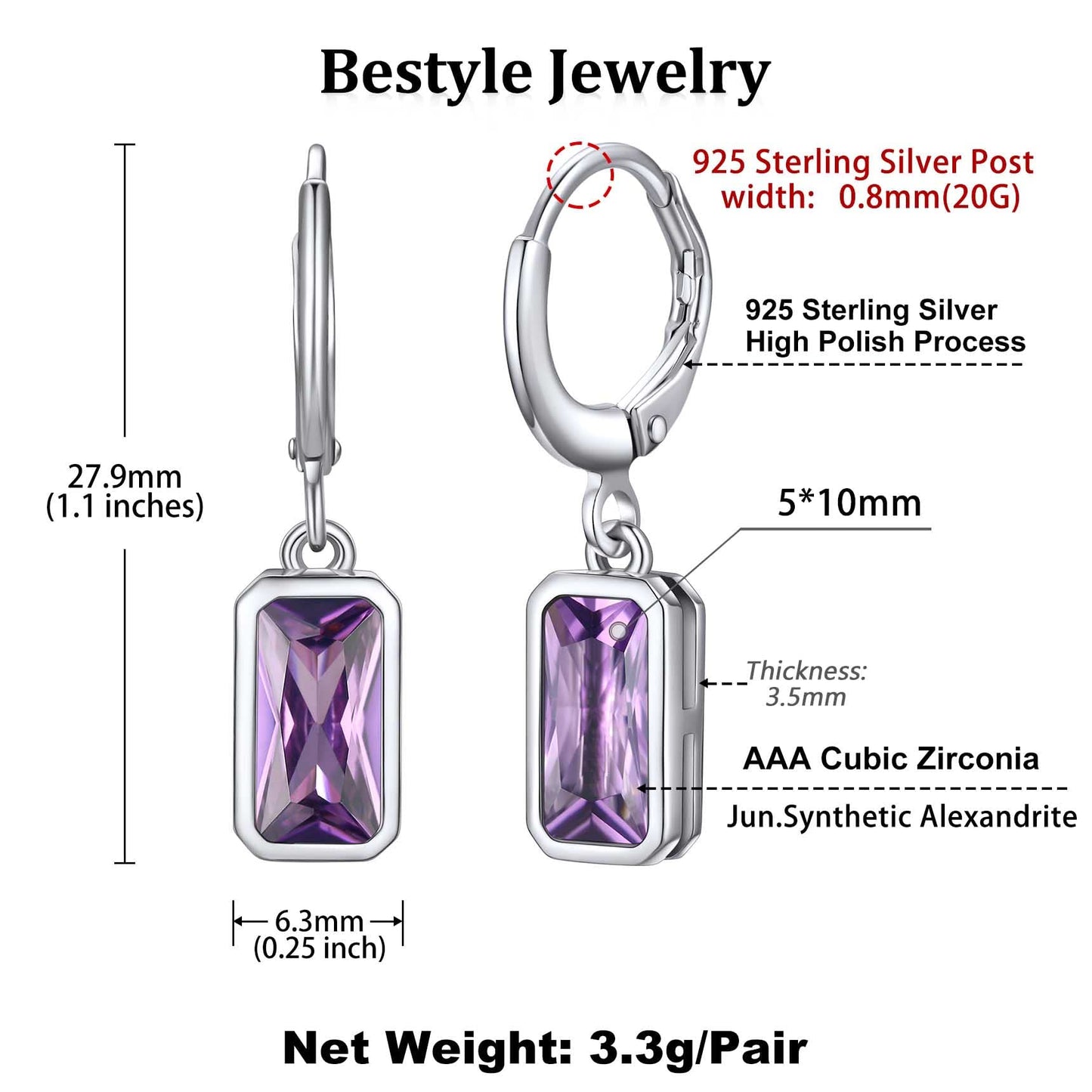 Bestyle Created Alexandrite Purple Drop Birthstone Earrings for Women - Baguette Earrings Small Silver Dangle Hoop Earrings for Women - Dainty Cute Earrings for Birthday Wedding Party