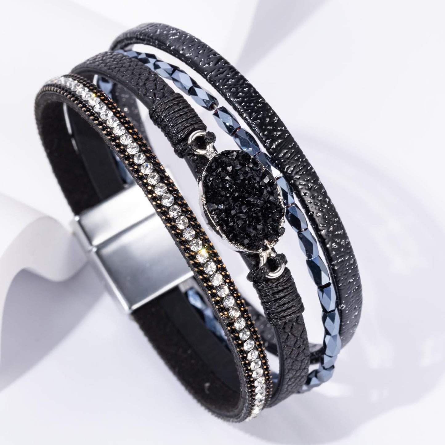 Becklynn Boho Leather Wrap Bracelets Beaded Crystal Stackable Cuff Bracelet with Magnetic Clasp Cowboy Cowgirl County Concert Outfits Western Jewelry Gifts for Women(Stone Black)