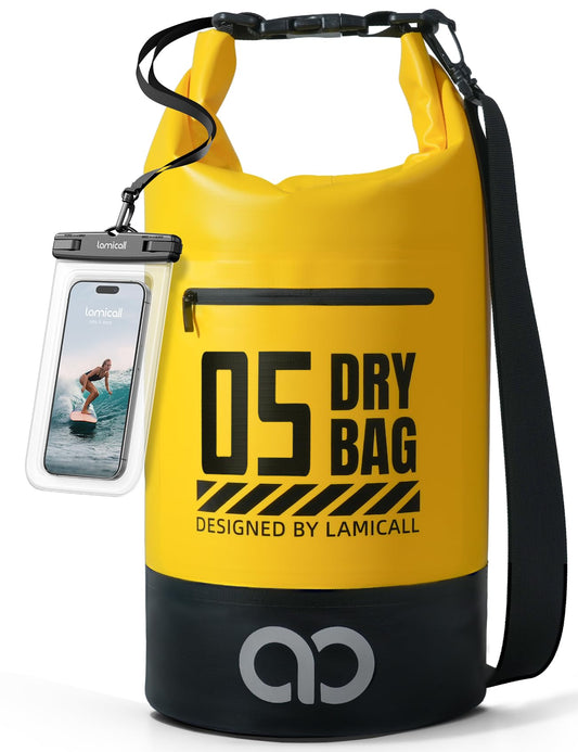 Lamicall Waterproof Dry Bag with Phone Pouch - 5L/10L/20L/30L/40L Floating Roll Top Backpack for Kayaking Boating Beach Camping Fishing - Heavy Duty 500D PVC Marine Dry Sack for Men,Women, Yellow 5L