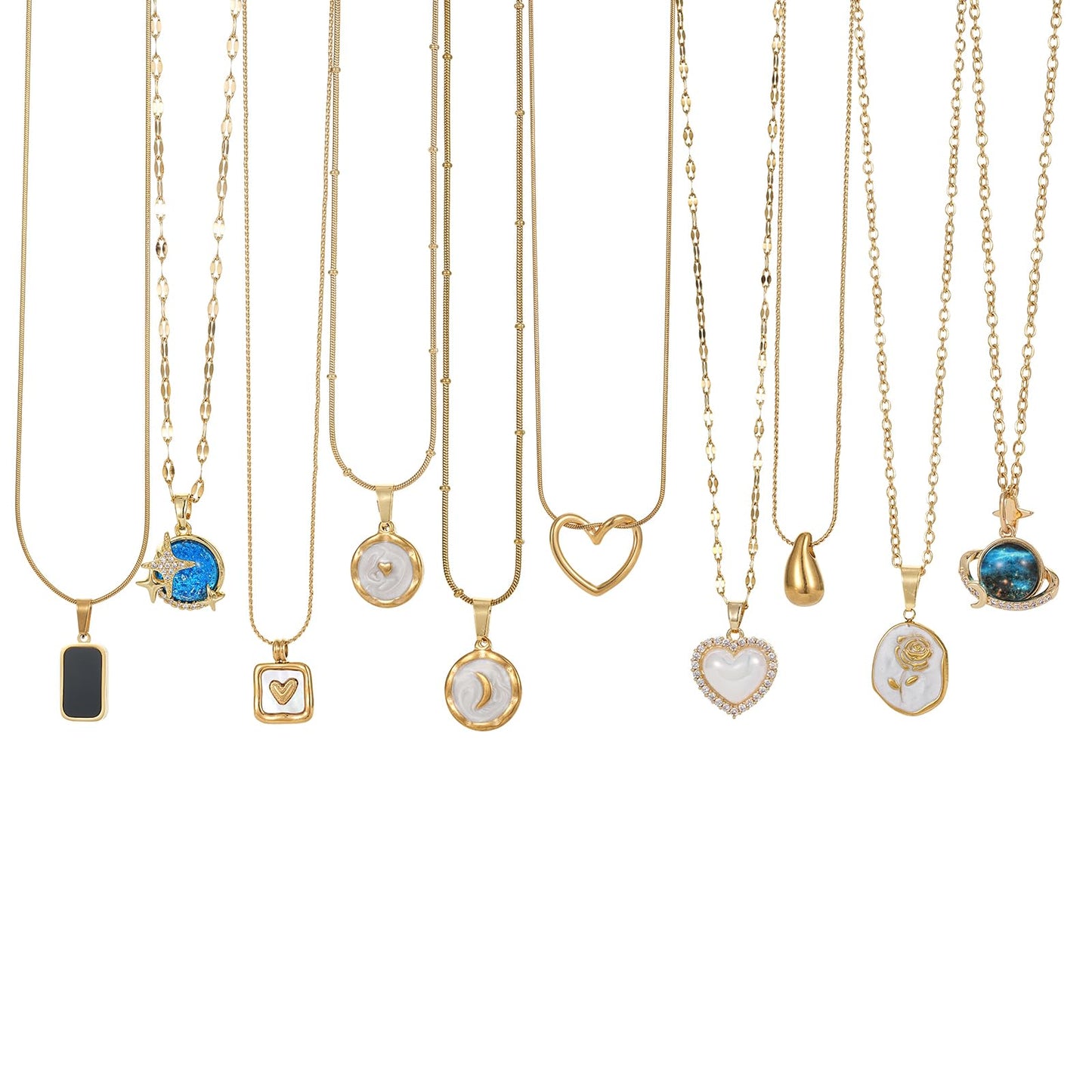 Trendy Stainless Steel Gold Plated Charm Necklace with Heart Pearl Pepper Conch Ceramic Pendant Necklace for Women Collares Chokers Jewelry (10PCS)