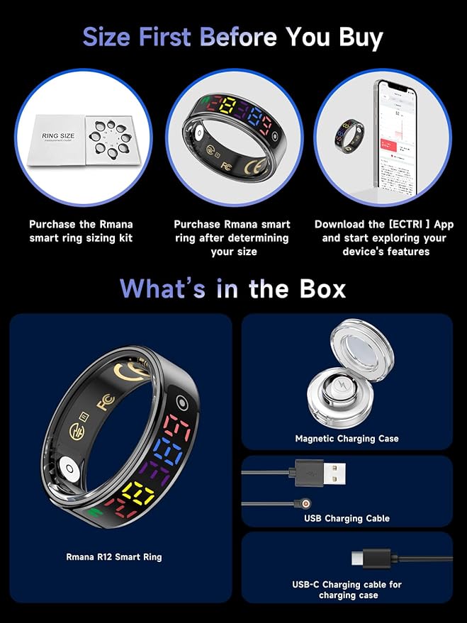 Smart Ring for Women Men, Health Ring with Colorful Display, Fitness Tracker with Heart Rate, Blood Oxygen, Sleep Monitor, No Subscription Fee, 5ATM Waterproof for iPhone & Android (Rose Gold, 12)