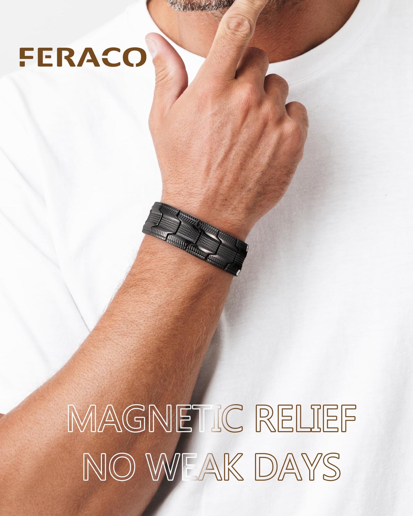 Feraco Copper Bracelet for Men, 3X Strength Magnetic Therapy Cooper Bracelet with Powerful 3800 Gauss Magnets,Copper Jewelry with Tyre-Carved Pattern,Black