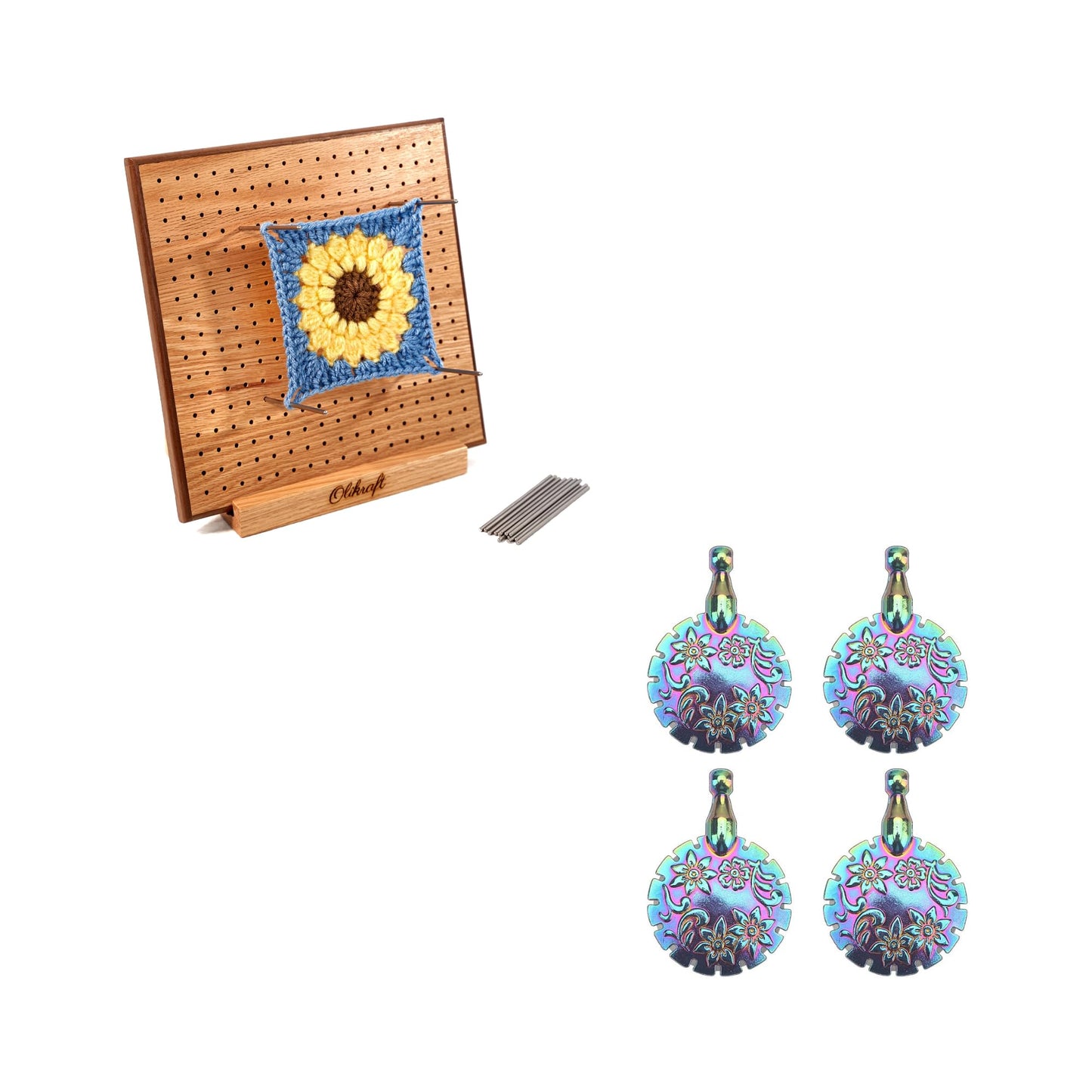 Olikraft 8-Inch Red Oak Crochet Blocking Board with 50 Pins and Rainbow Yarn Cutter Set - Durable Blocking Board for Crochet Projects and Vibrant Multi-Color Cutters